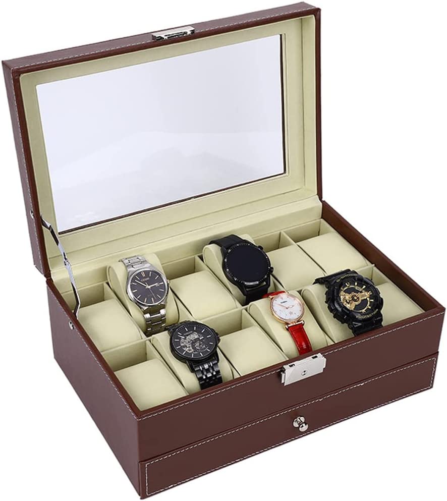 12 Slot PU Leather Lockable Watch and Jewelry Storage Boxes (Brown) 3