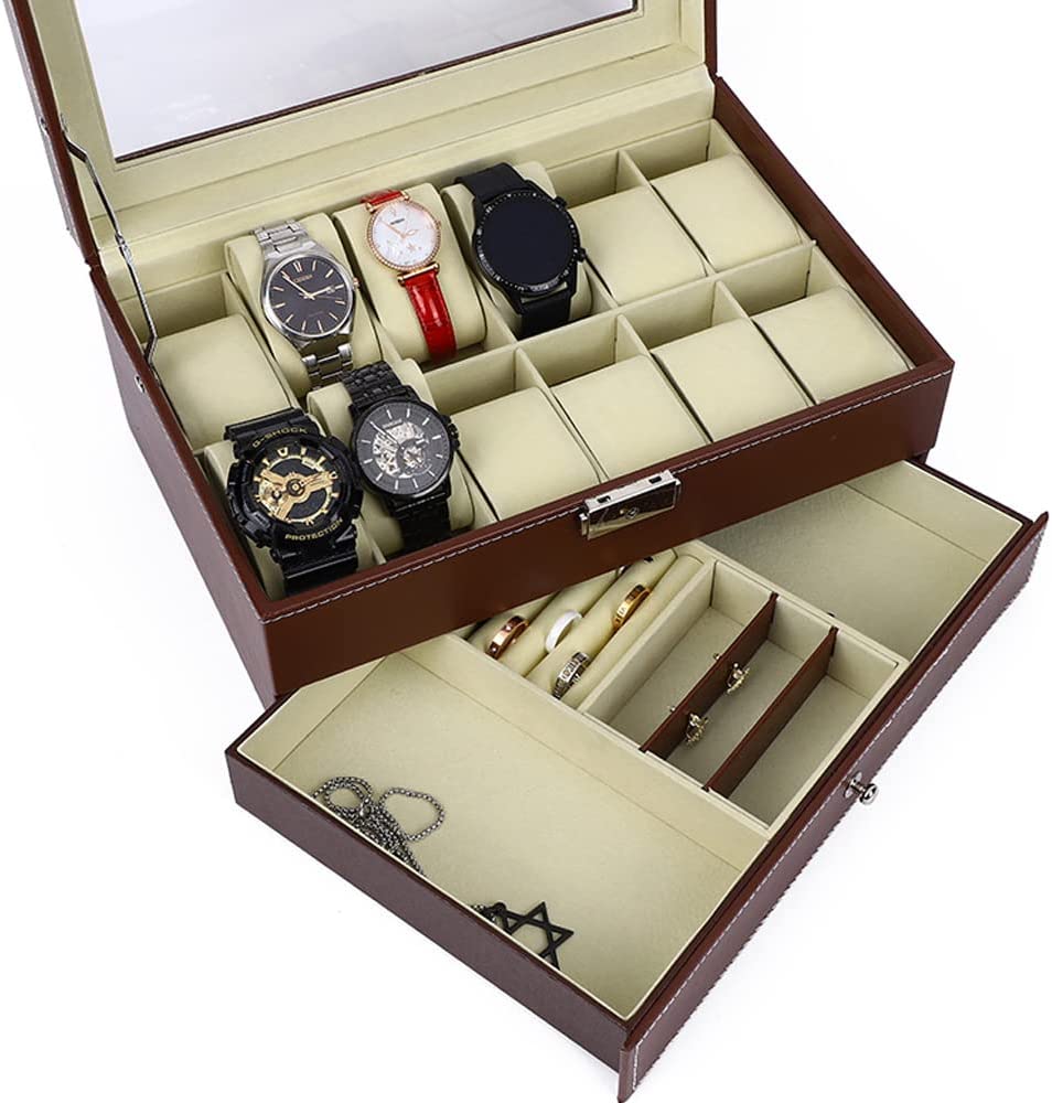 12 Slot PU Leather Lockable Watch and Jewelry Storage Boxes (Brown) 5