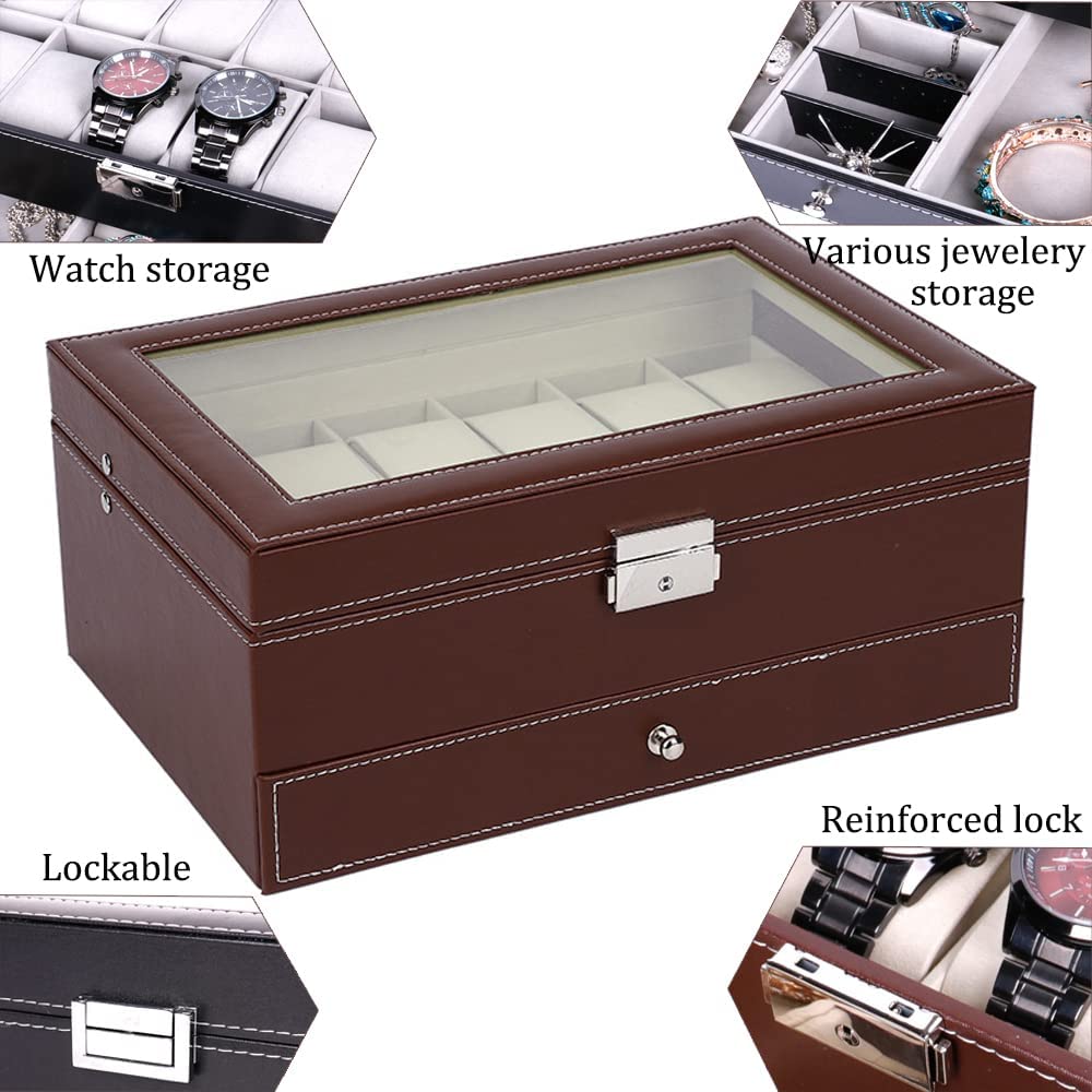 12 Slot PU Leather Lockable Watch and Jewelry Storage Boxes (Brown) 6