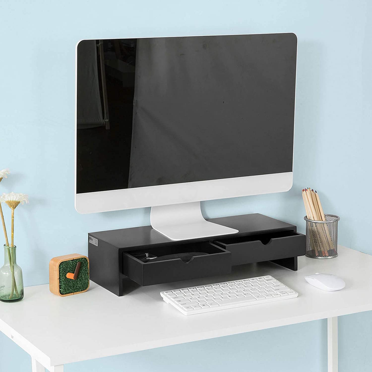 Black Monitor Stand Desk Organizer with 2 Drawers 3