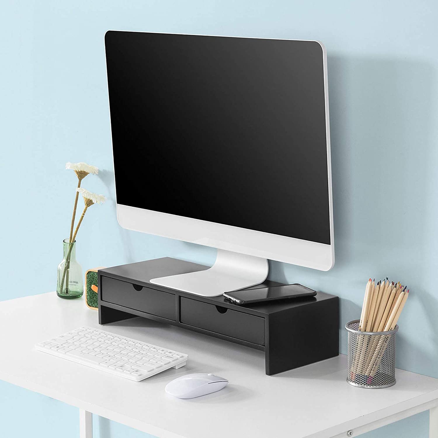Black Monitor Stand Desk Organizer with 2 Drawers 4