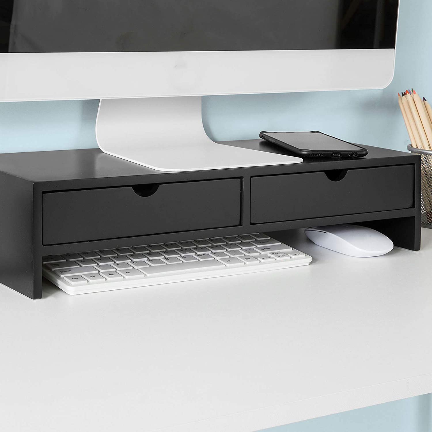 Black Monitor Stand Desk Organizer with 2 Drawers 8