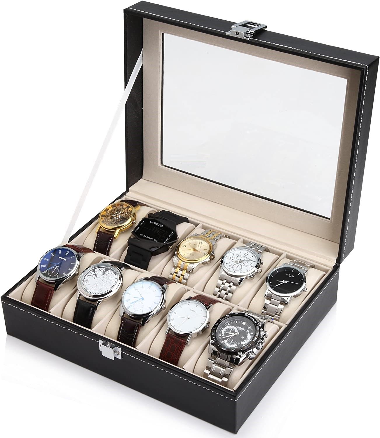 Black PU Leather Watch Organizer Display Storage Box Cases for Men & Women (10 slots) 6