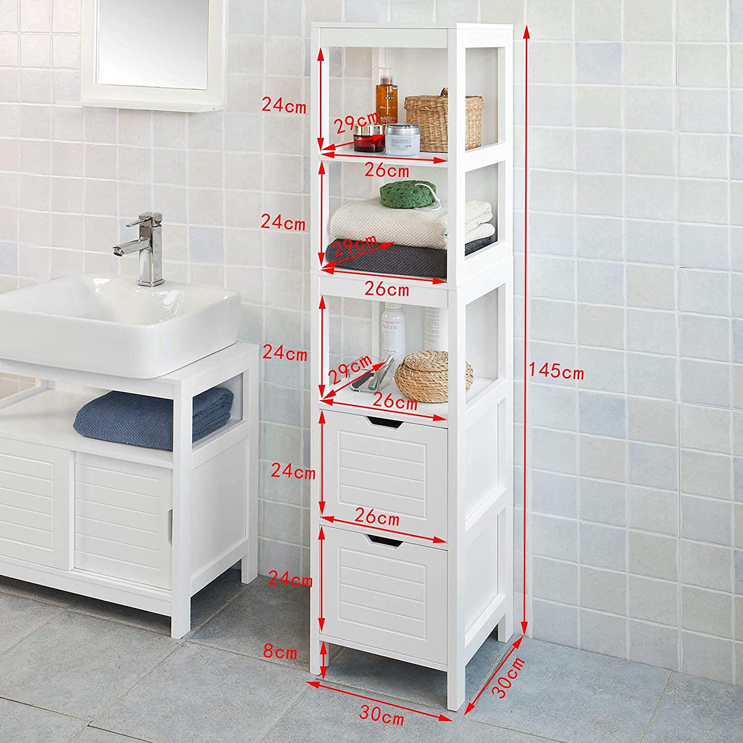 Freestanding Tall Cabinet with Standing Shelves and Drawers 4