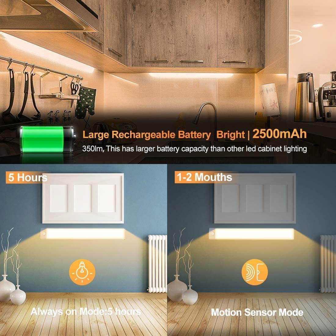 54 LED Rechargeable Under Cabinet Night Lighting for Kitchen and Bedroom (Silver and Yellow Light) 3