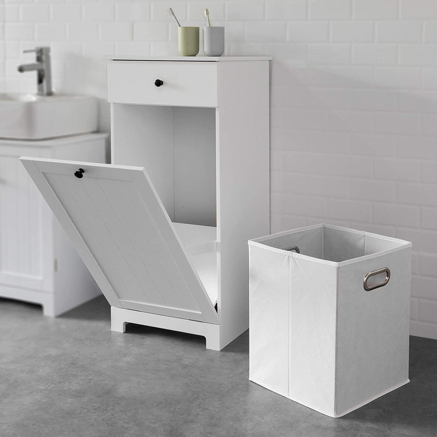 White Bathroom Cabinet with Laundry Basket and Drawer 3