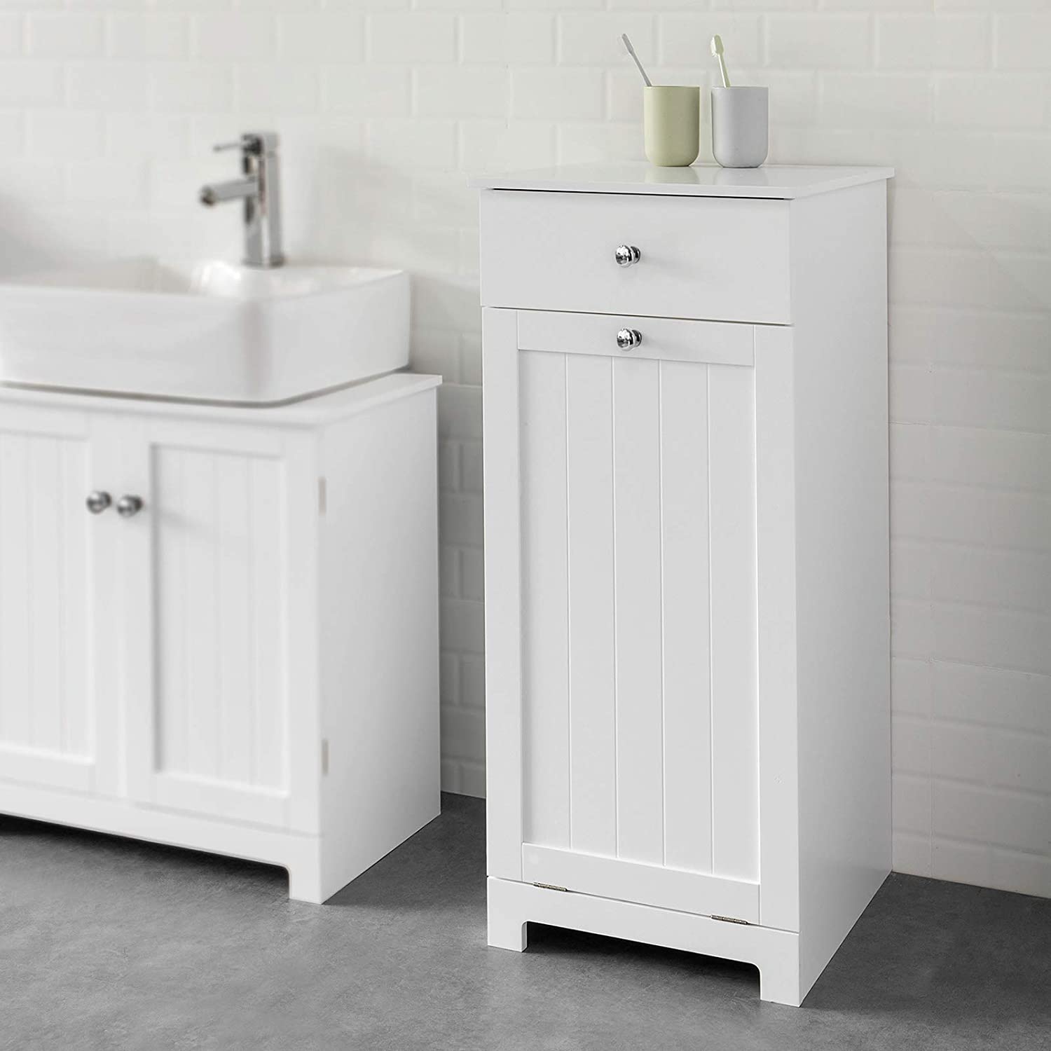 White Bathroom Cabinet with Laundry Basket and Drawer 8