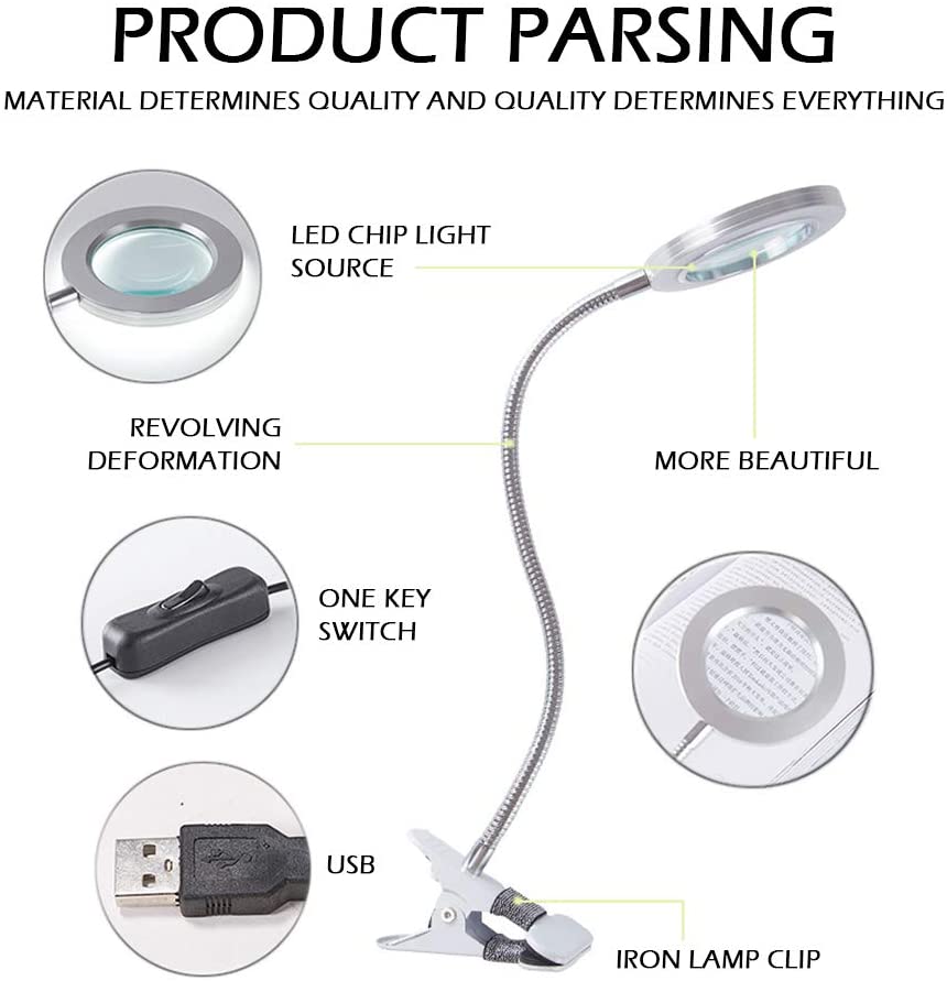 Lighting LED 8X Magnifying Lamp with Metal Clamp 360&deg; Flexible Gooseneck and USB Plug Design for Tattoo, Manicure and Reading 9