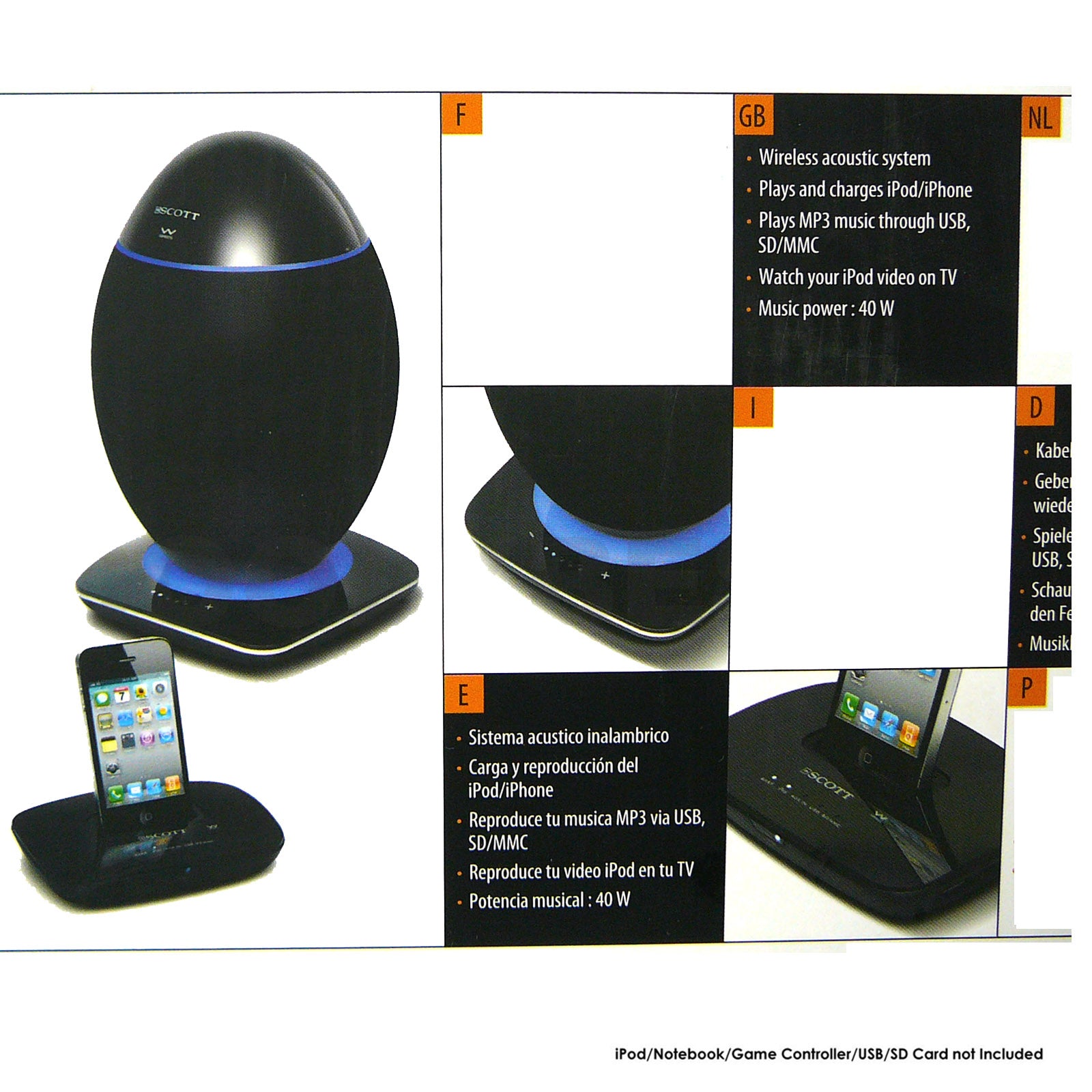 Scott 2.4Ghz Wireless OVE Speaker System USB SD Bluetooth 20w RMS 5