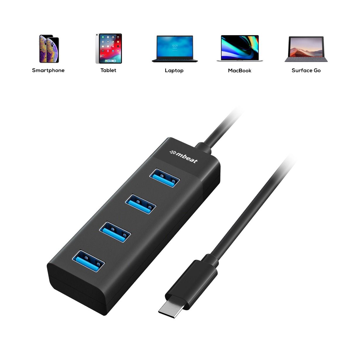 mbeat USB-C to 4-Port 3.0 Hub - Black 5