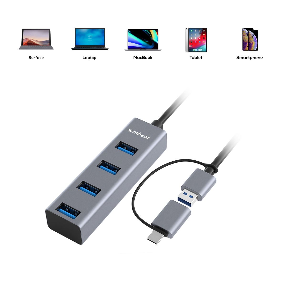mbeat 4-Port USB 3.0 Hub with 2-in-1 USB 3.0 & USB-C Converter - Space Grey 6