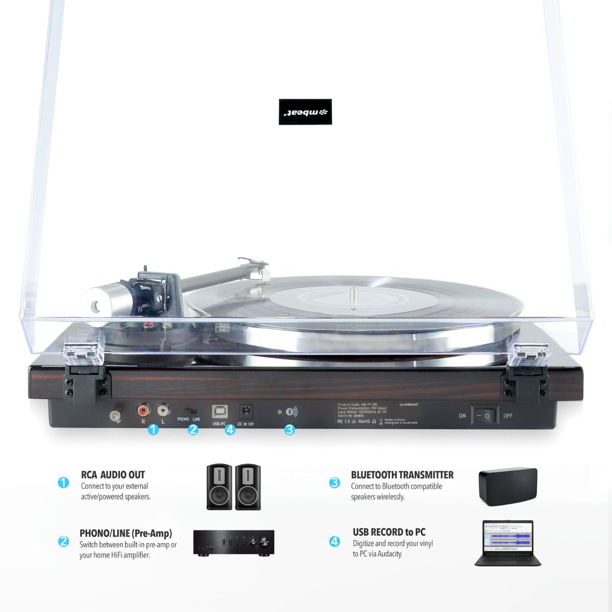 mbeat Hi-Fi Bluetooth Turntable (MMC, USB, Anti-skating, Preamplifier) - Macassar Ebony 3