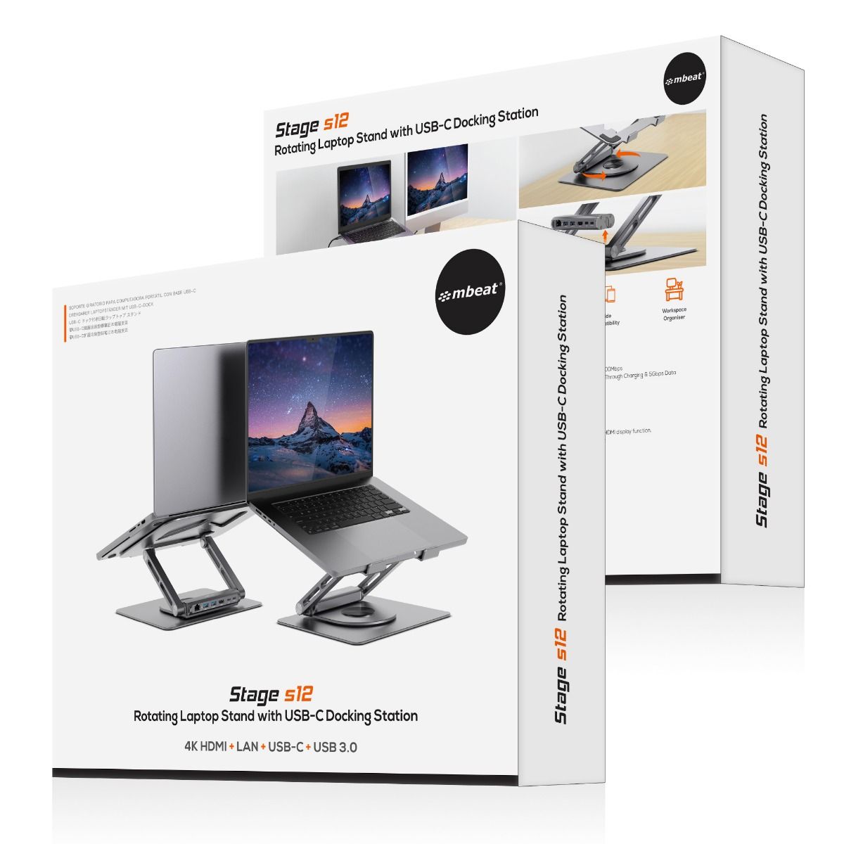 mbeat Stage S12 Rotating Laptop Stand with USB-C Docking Station - Space Grey 7