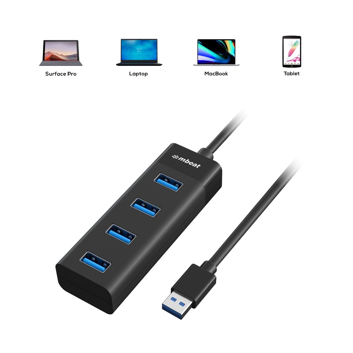 mbeat 4-Port USB 3.0 Hub - Black 5