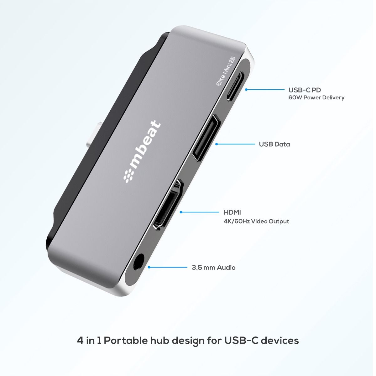 mbeat Elite Mini 4-In-1 USB-C Mobile Hub for iPad Pro, USB-C Tablet and Laptop 3