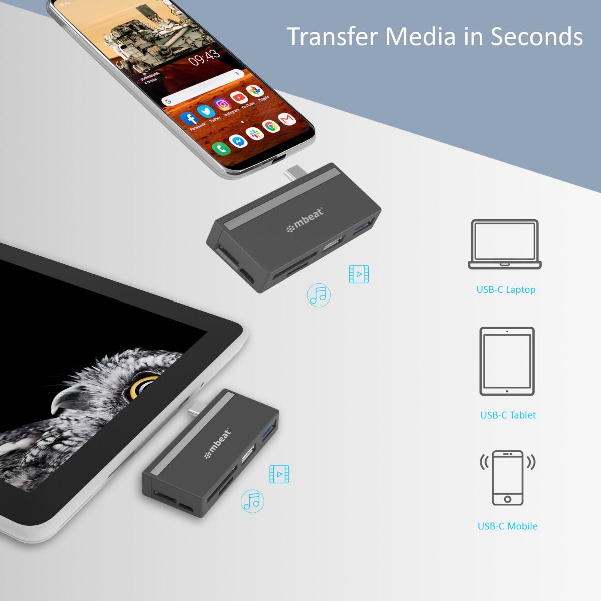 mbeat Essential 5-In-1 USB- C Hub ( USB hub 2.0, 3.0, SD/TF card reader ) 4