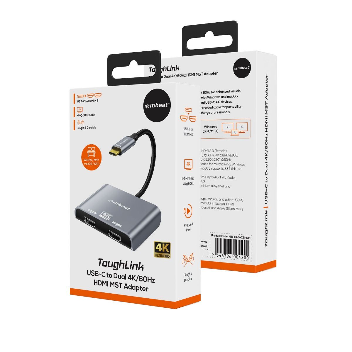 mbeat Tough Link USB-C to Dual 4K/60Hz HDMI MST Adapter - Space Grey 7