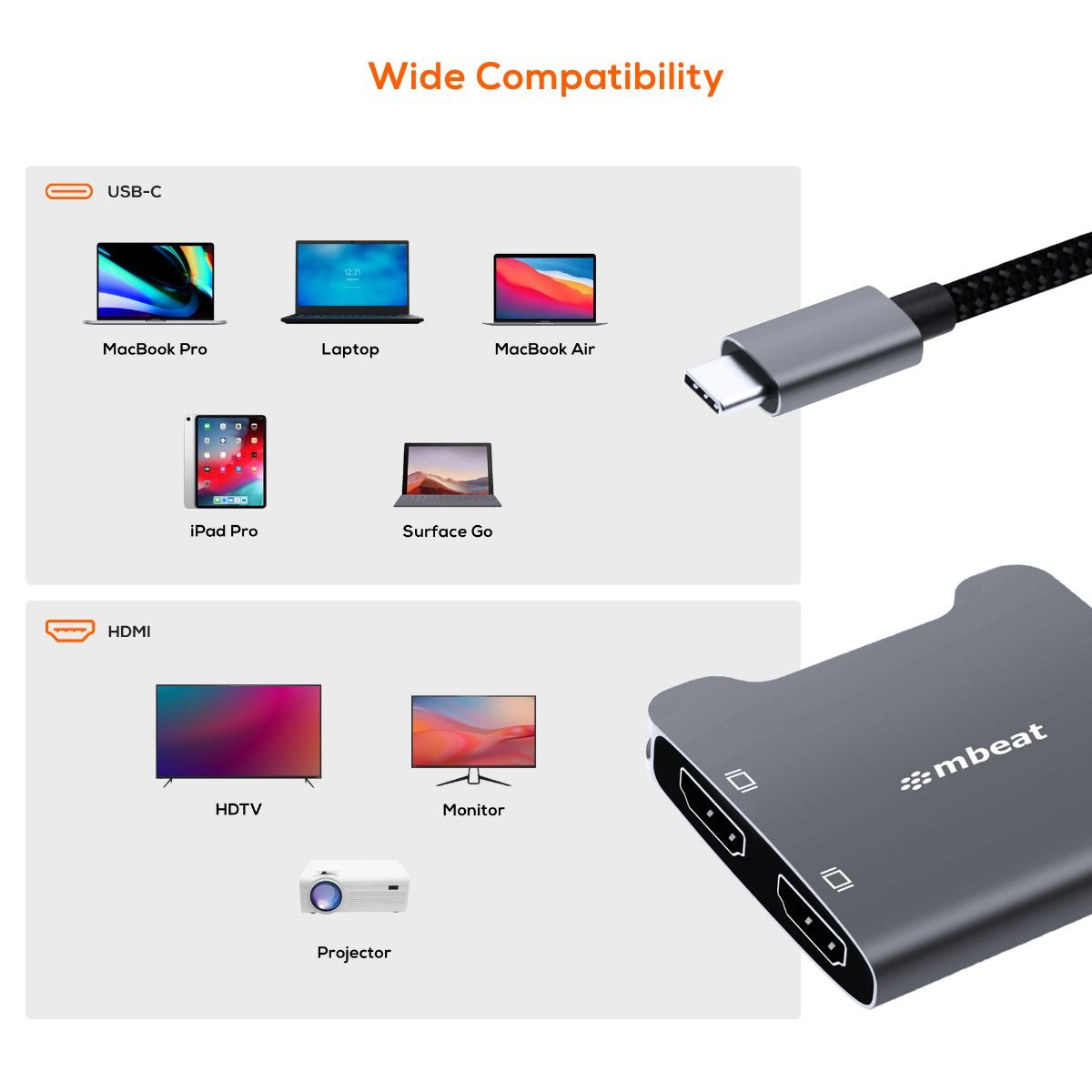 mbeat Tough Link USB-C to Dual 4K HDMI Adapter - Space Grey 5