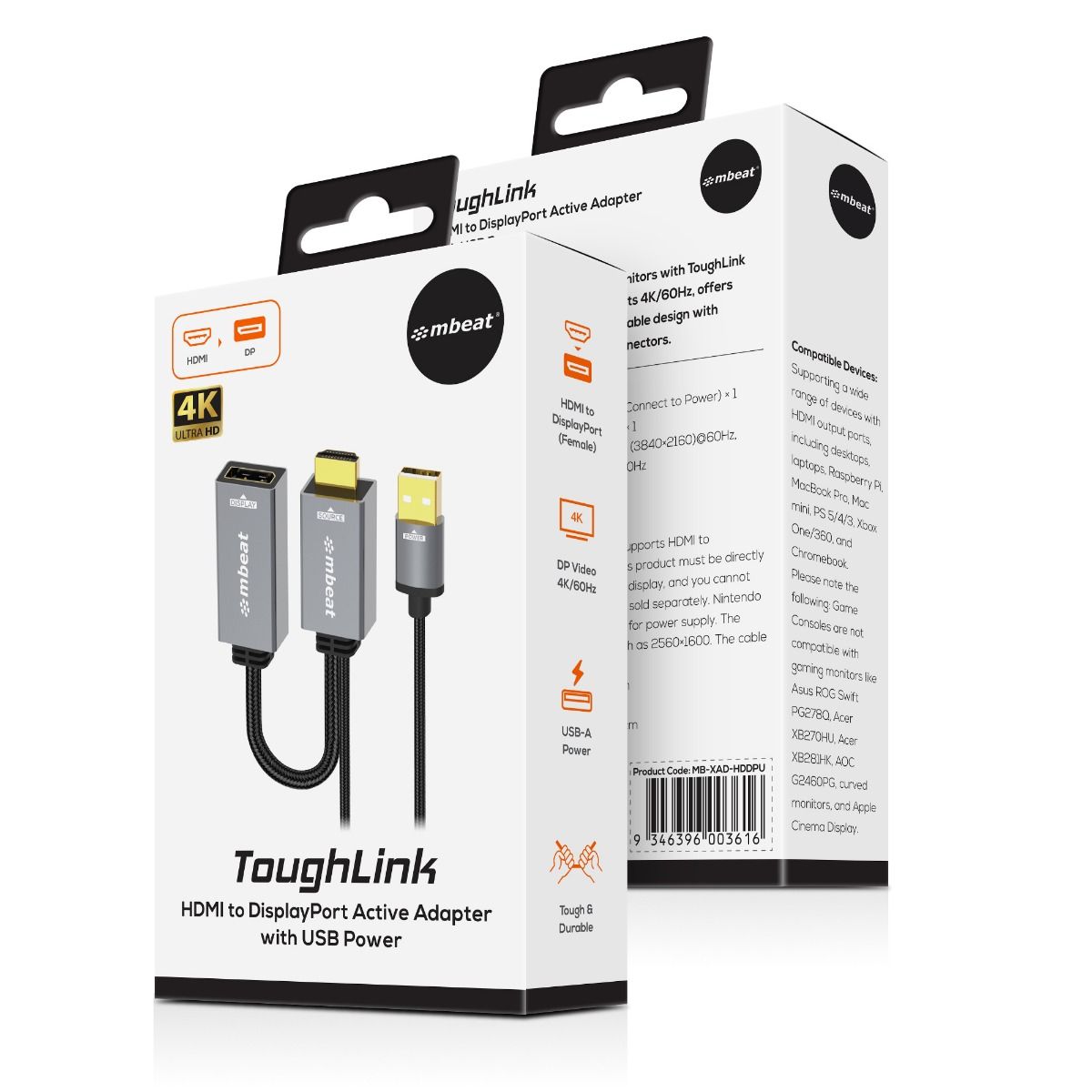 mbeat Tough Link HDMI to DisplayPort Adapter with USB Power 5
