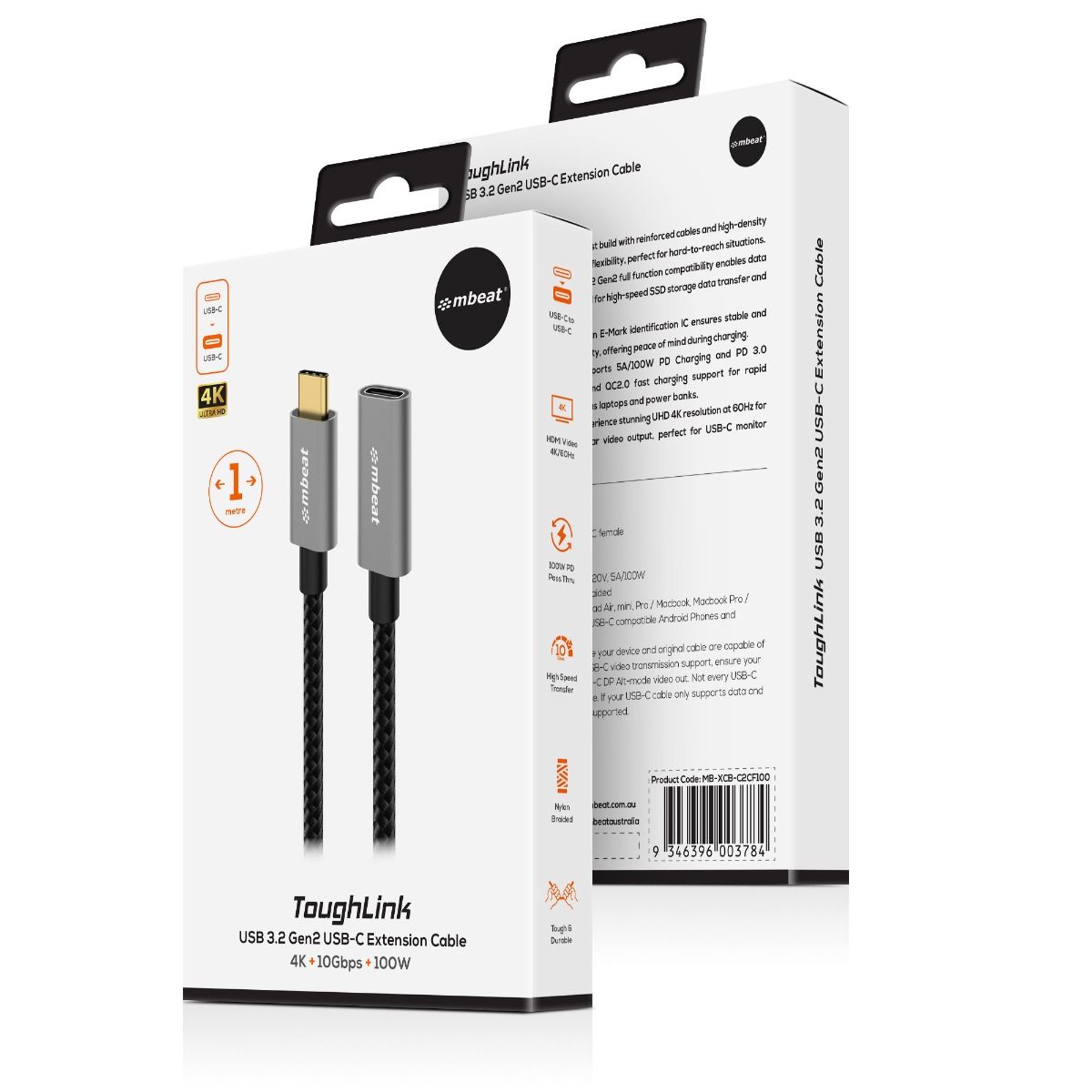 mbeat Tough Link 1m USB 3.2 Gen2 USB-C Extension Cable - Space Grey 5