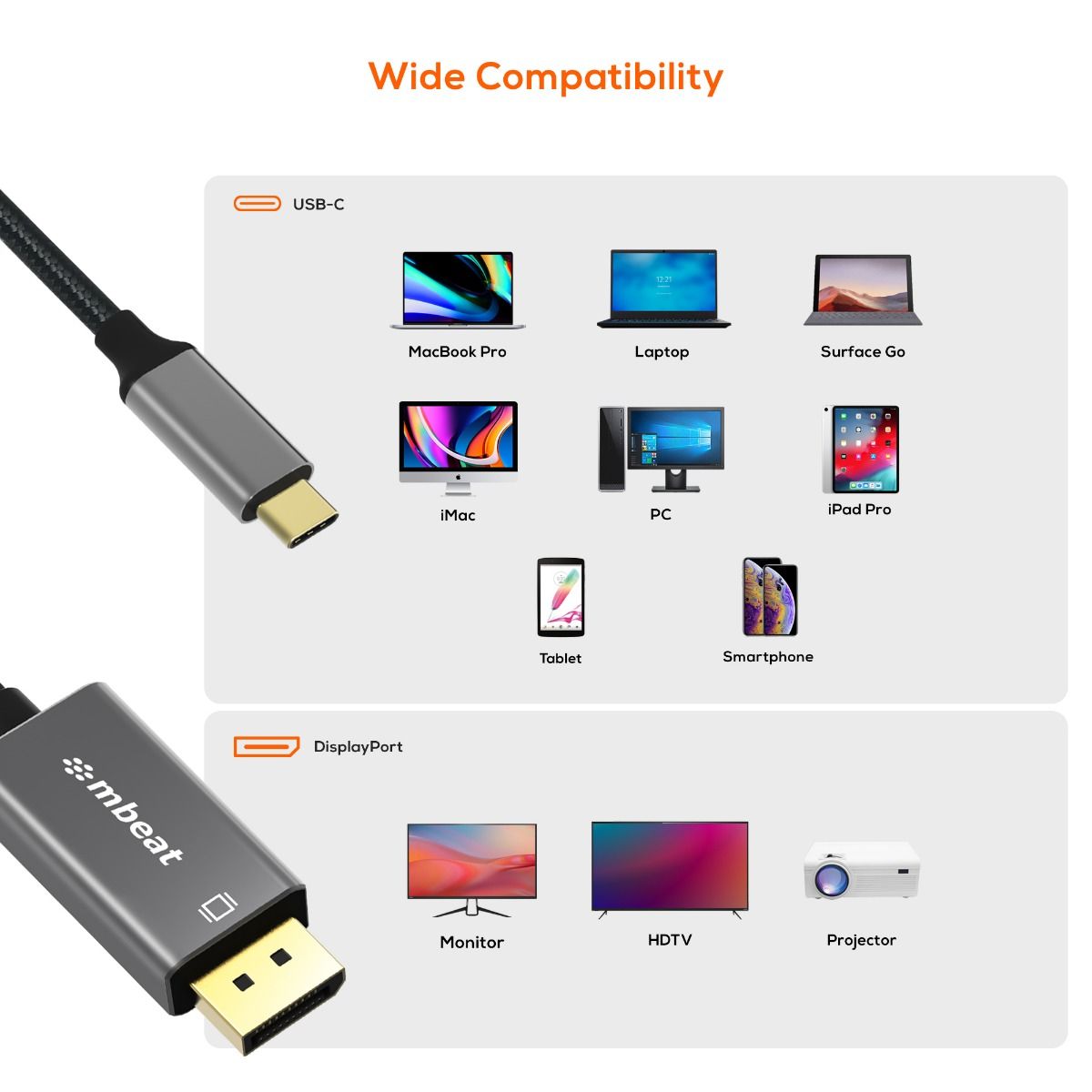 mbeat Tough Link 1.8m 4K USB-C to Display Port Cable - Space Grey 7