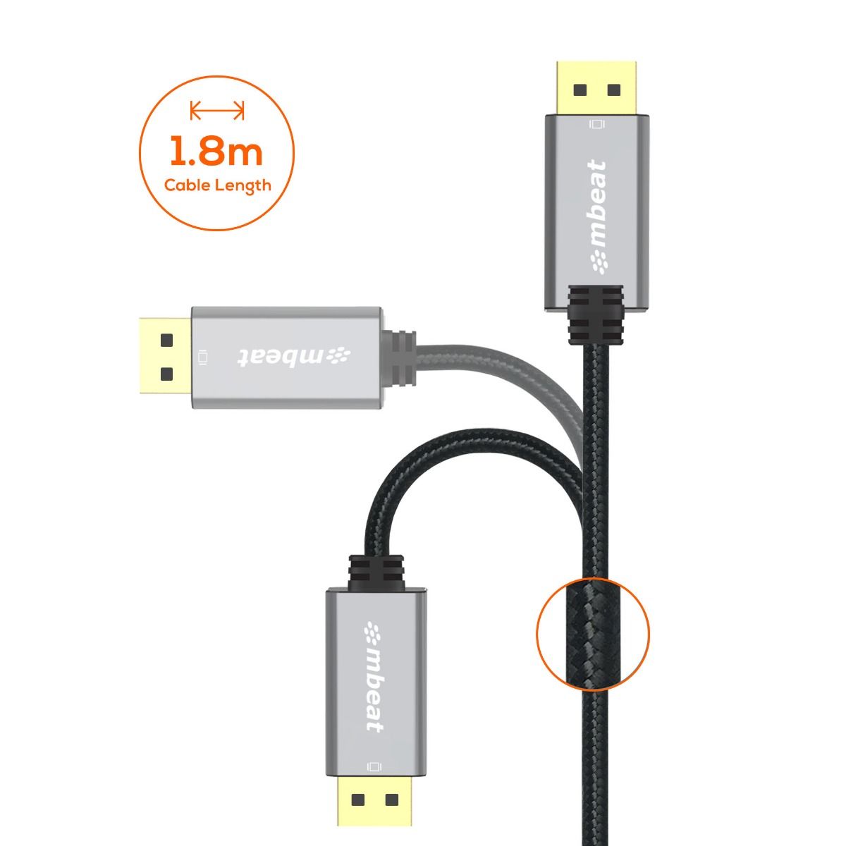 mbeat Tough Link 1.8m Display Port Cable v1.4 - Space Grey 6