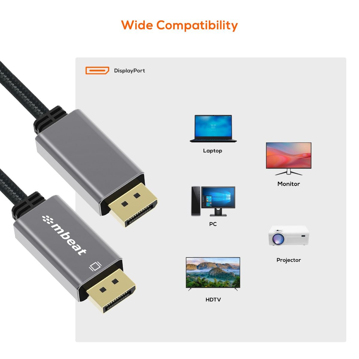 mbeat Tough Link 1.8m Display Port Cable v1.4 - Space Grey 7