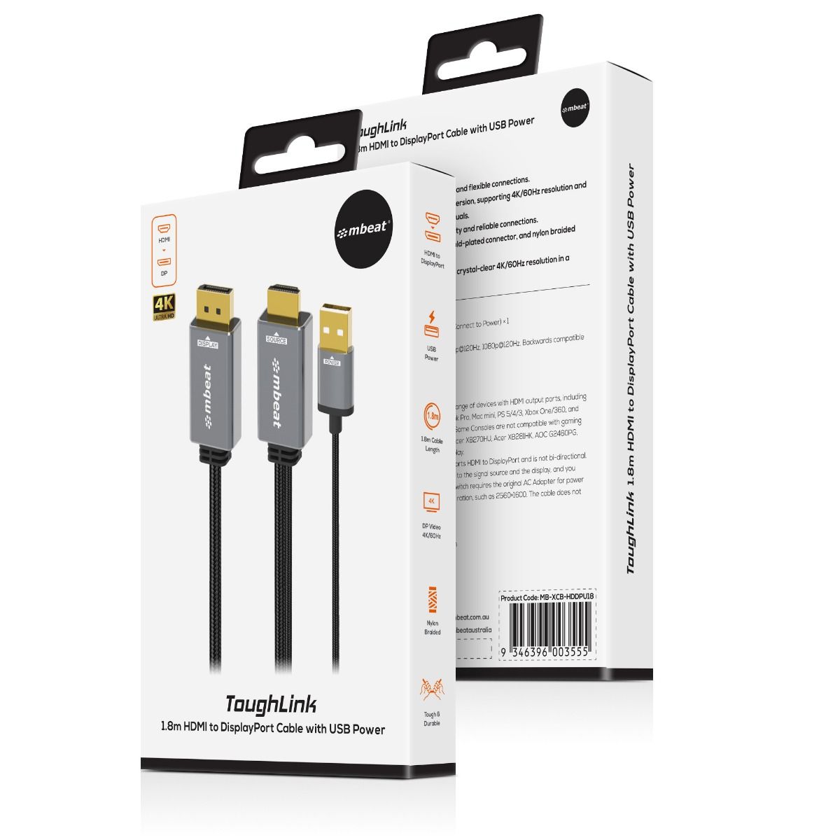 mbeat Tough Link 1.8m HDMI to DisplayPort Cable with USB Power 5