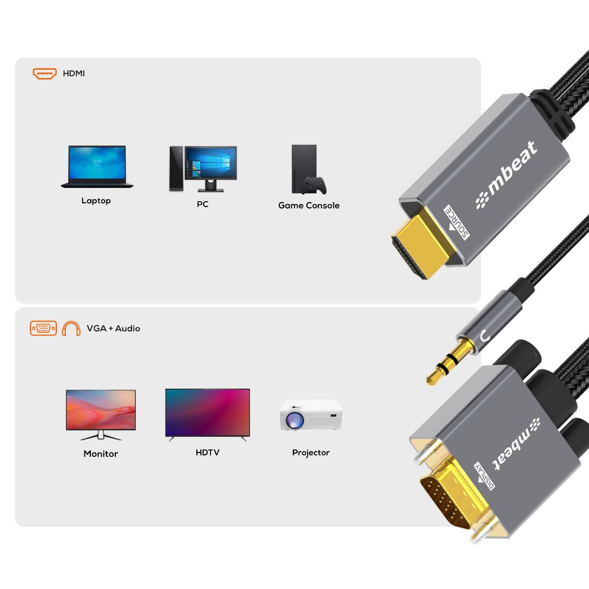 mbeat Tough Link 1.8m HDMI to VGA Cable with USB Power & 3.5mm Audio 3