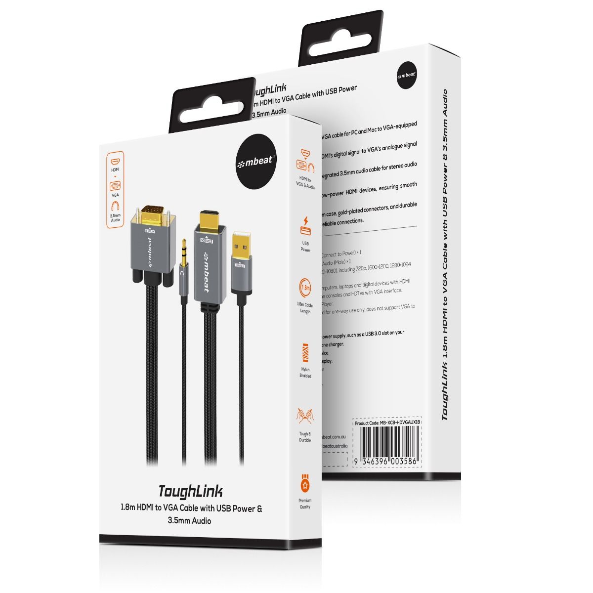 mbeat Tough Link 1.8m HDMI to VGA Cable with USB Power & 3.5mm Audio 5