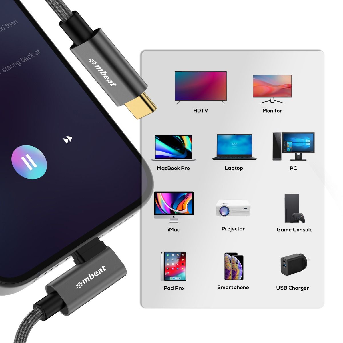 mbeat Tough Link 1.8m L-Shape USB 3.2 Gen2 USB-C Cable - Space Grey 5