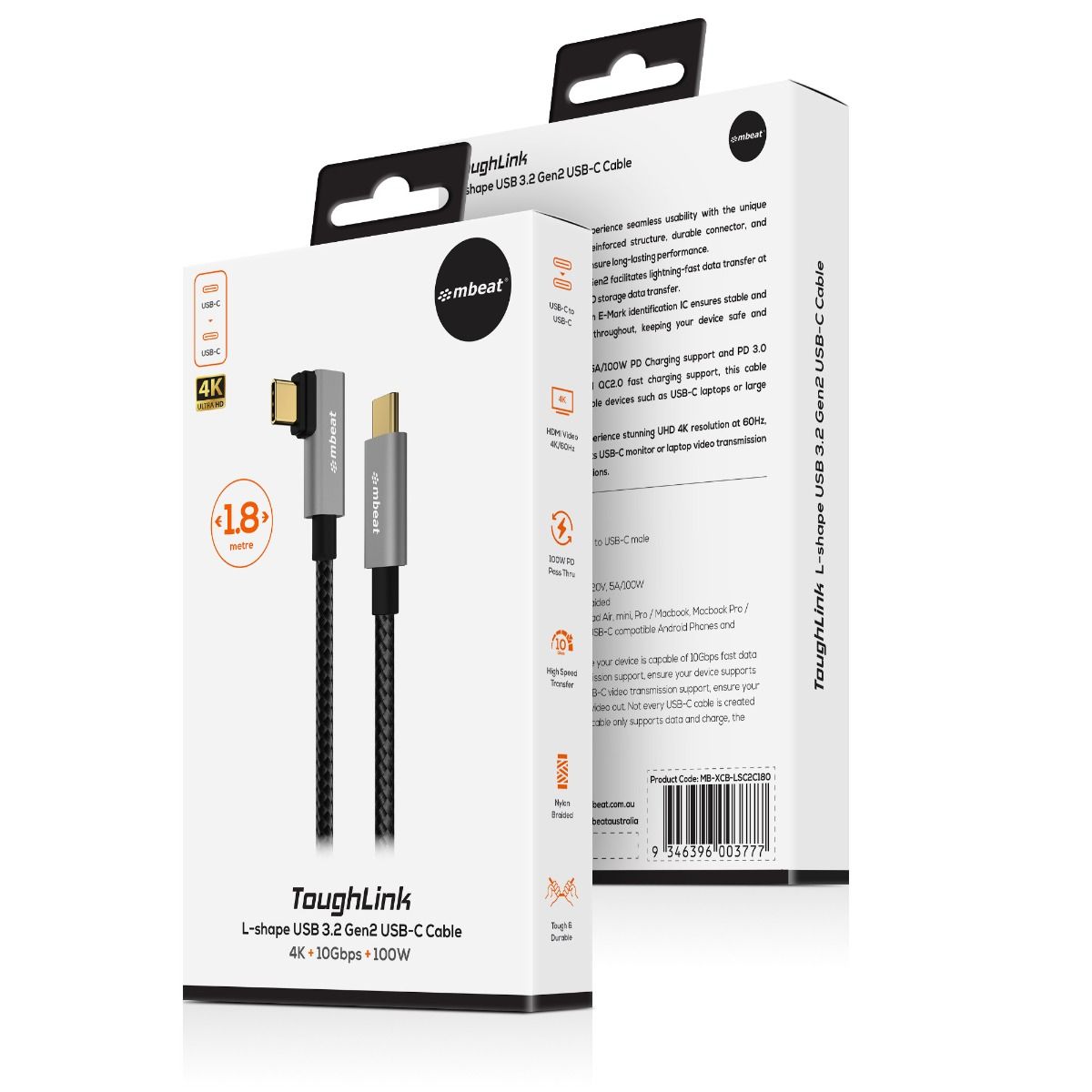 mbeat Tough Link 1.8m L-Shape USB 3.2 Gen2 USB-C Cable - Space Grey 6