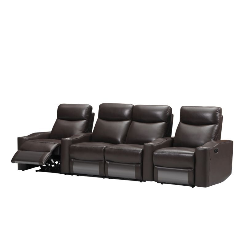 Chicago 4 Seat Home Theatre Genuine Leather Lounge with all Electric Recliners & 4 Cup Holders Brown