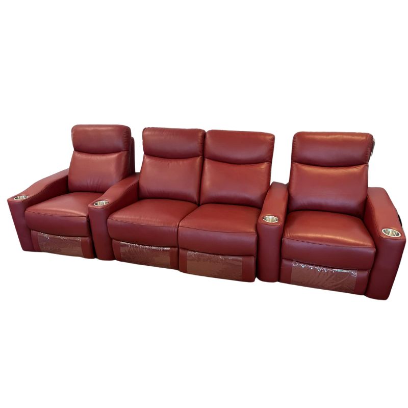 Chicago 4 Seat Home Theatre Genuine Leather Lounge with all Electric Recliners & 4 Cup Holders Red 3