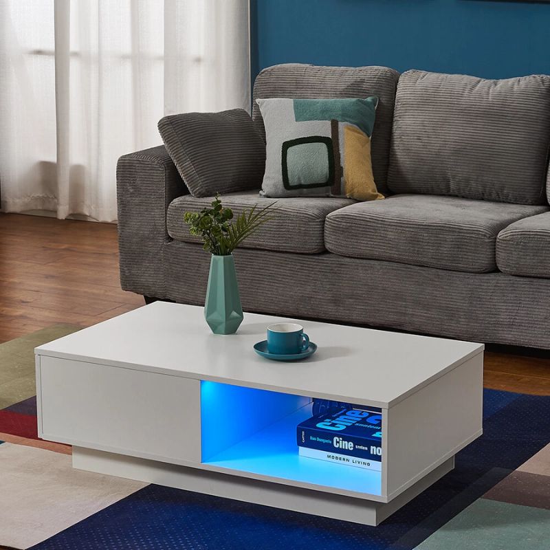 LED High Gloss Top White Coffee Table With Single Drawer 3