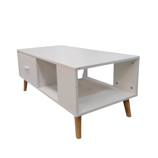 White Coffee Table Storage Drawer & Open Shelf With Wooden Legs 3