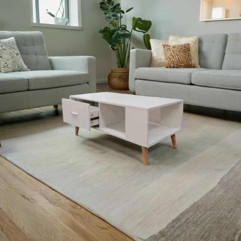 White Coffee Table Storage Drawer & Open Shelf With Wooden Legs 4