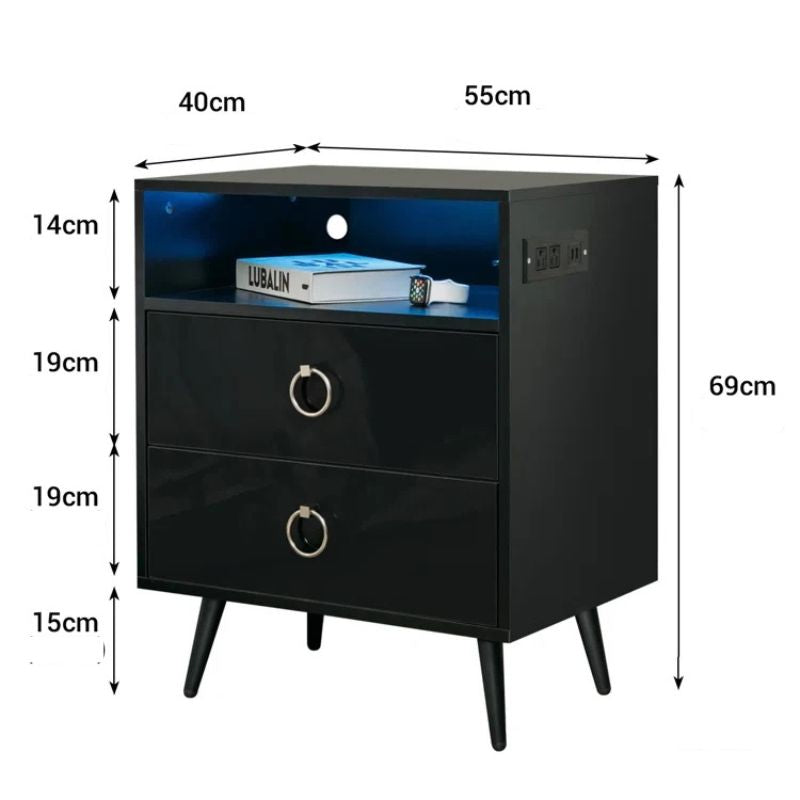 Amelia Modern LED Bedside table with USB and power socket black x 2 3