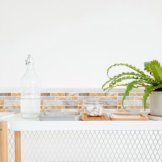 9PCS Mosaic Marble Bricks Self-adhesive Bathroom Kitchen Wall Tile Sticker Golden Fawn 4