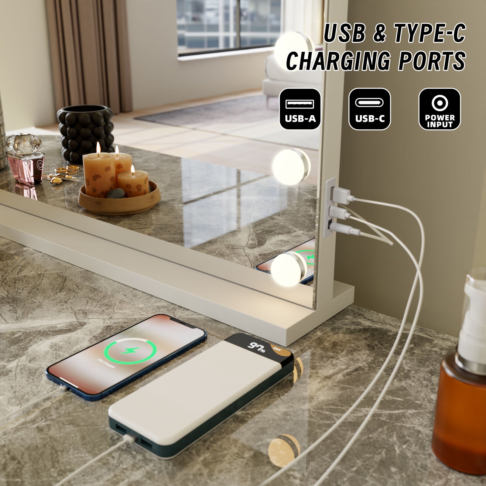 Beauty Mirror with 18 LED Bulbs, Colour Settings, White Frame,  and USB A and C Ports 6