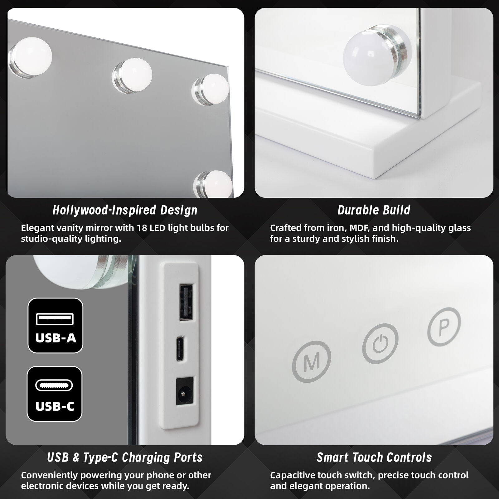 Beauty Mirror with 18 LED Bulbs, Colour Settings, White Frame,  and USB A and C Ports 7