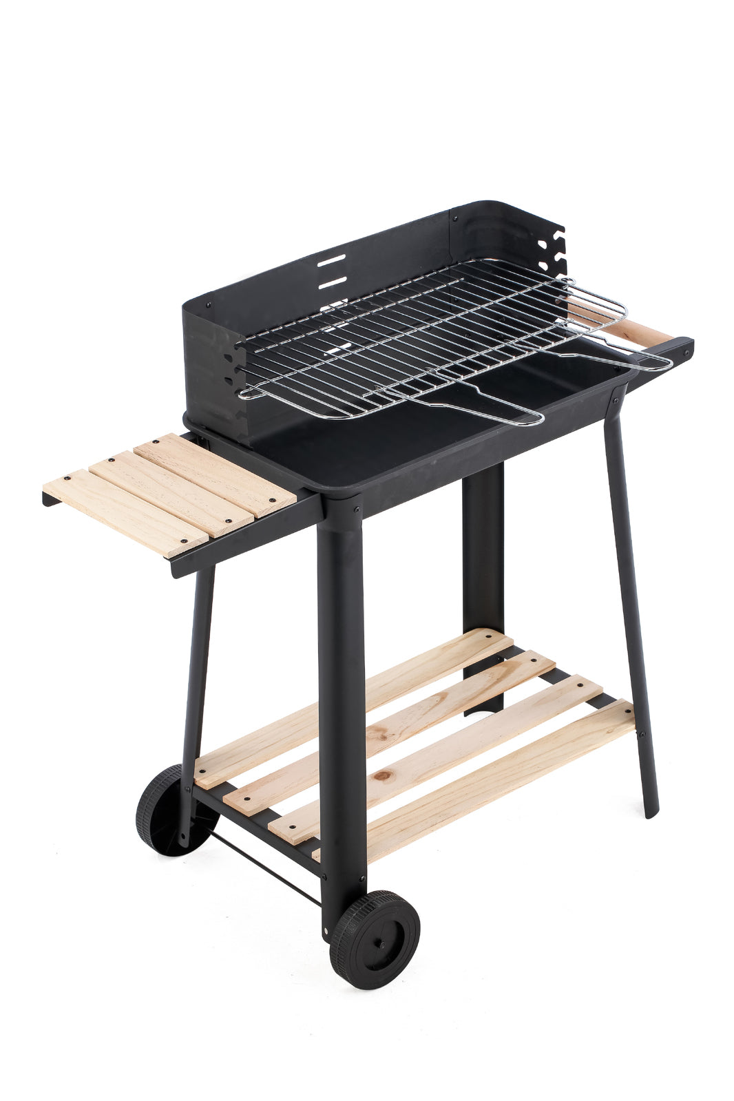 Charcoal Grill BBQ with Manual Rotisserie Stick on Trolley Stand 3