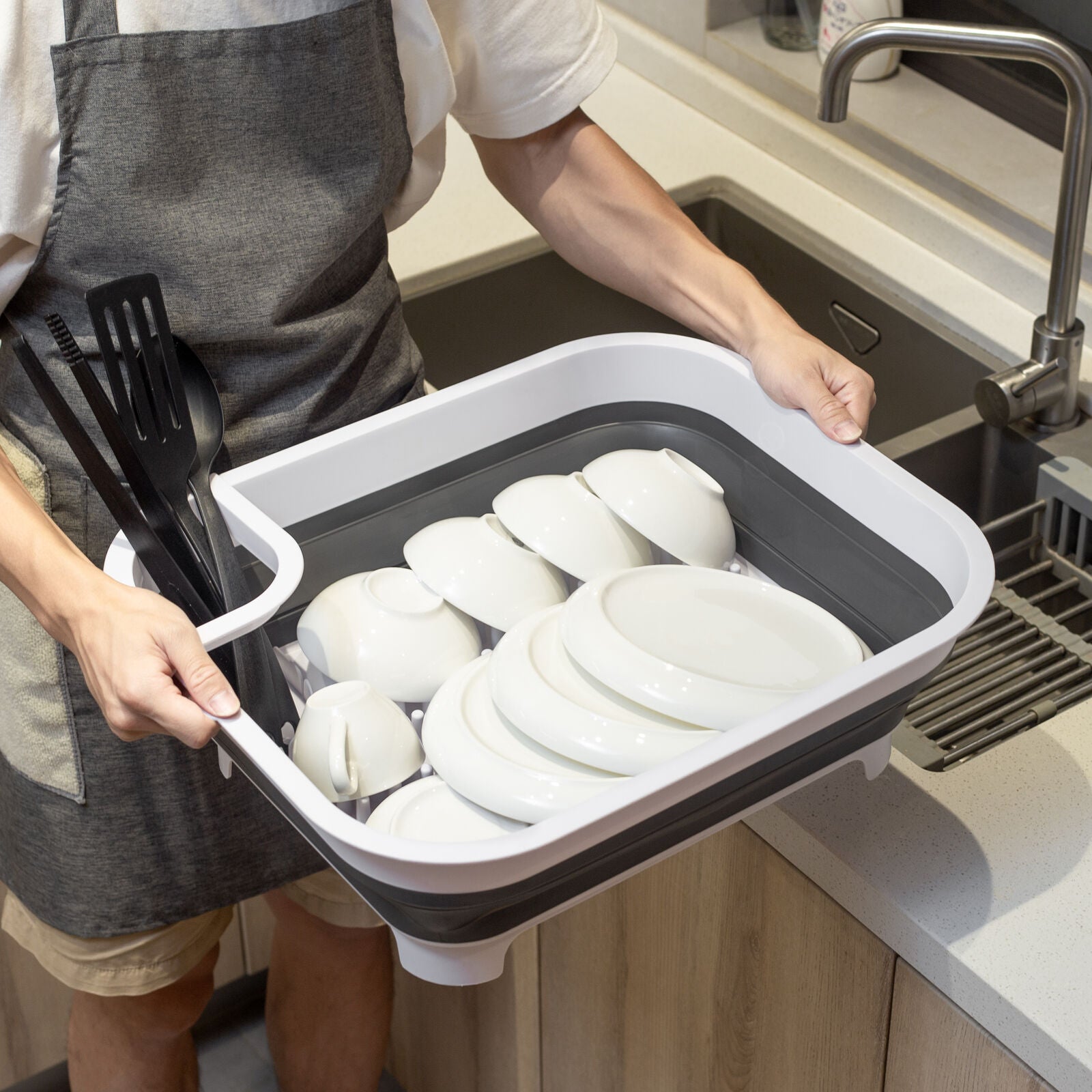 Collapsible Dish Rack with Utensil Section Space-Saving Drying Rack for Compact Kitchens & Camping 5