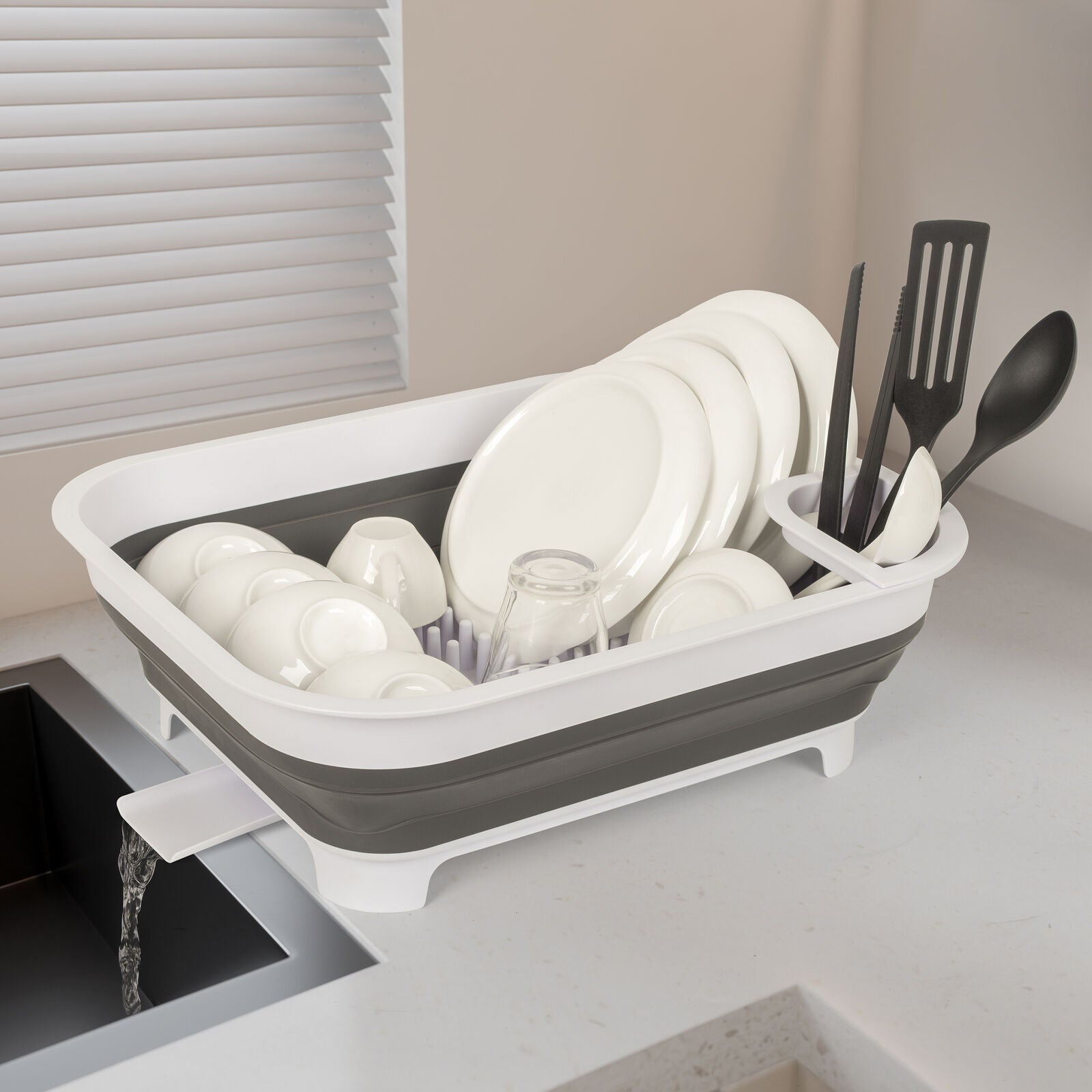 Collapsible Dish Rack with Utensil Section Space-Saving Drying Rack for Compact Kitchens & Camping 6