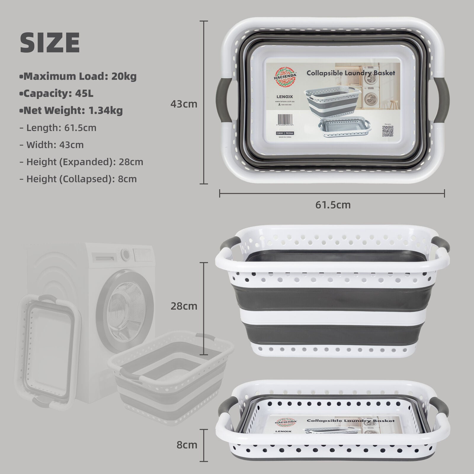 45L Space Saving  Laundry Basket,  Collapsible Hamper for Dorms, RVs, Homes & Garages