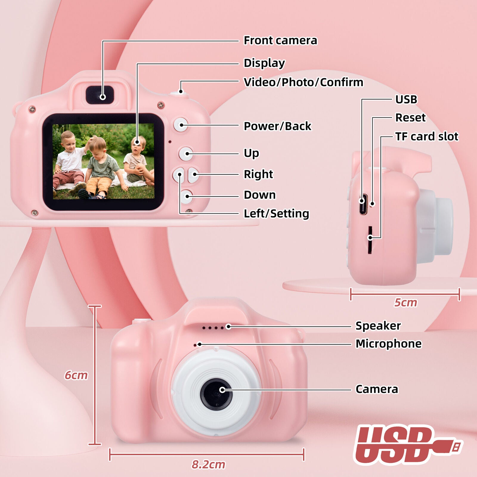 Kids Digital Dual Lens Camera, 4x Zoom and HD Video Recording (Pink) 3