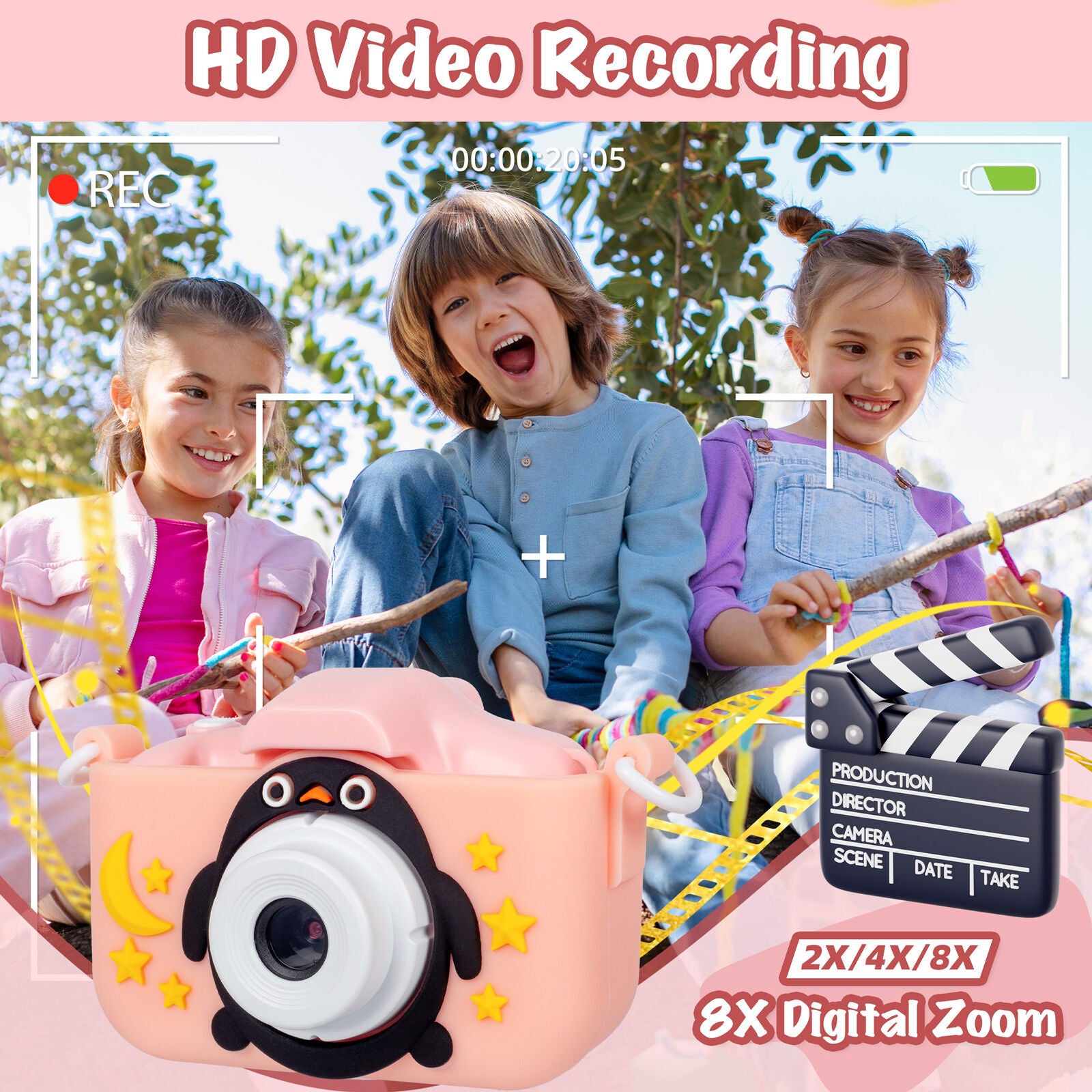Kids Digital Dual Lens Camera, 4x Zoom and HD Video Recording (Pink) 7