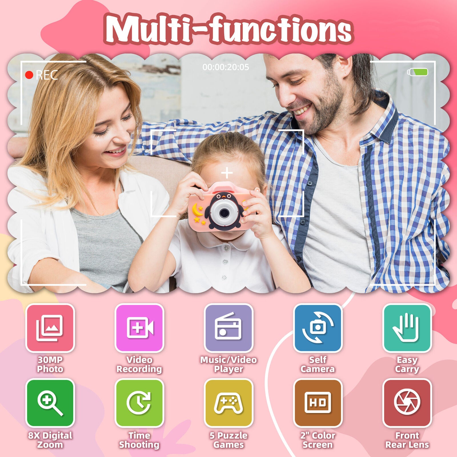 Kids Digital Dual Lens Camera, 4x Zoom and HD Video Recording (Pink) 8
