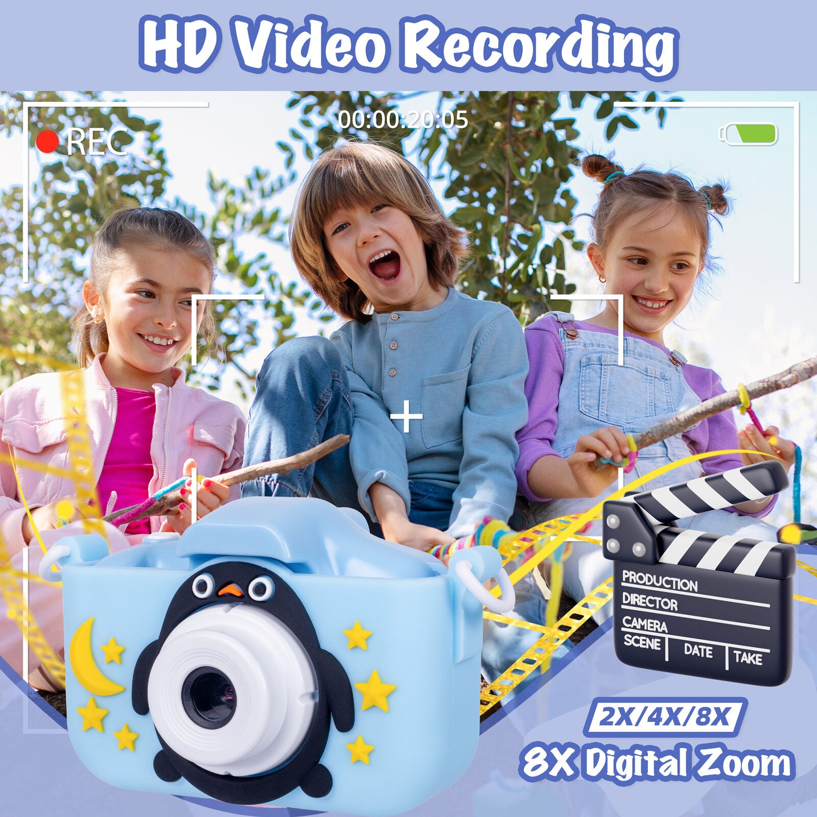 Kids Digital Dual Lens Camera, 4x Zoom and HD Video Recording (Blue) 3