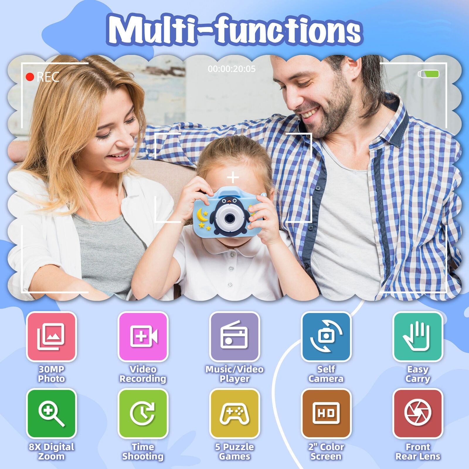 Kids Digital Dual Lens Camera, 4x Zoom and HD Video Recording (Blue) 8